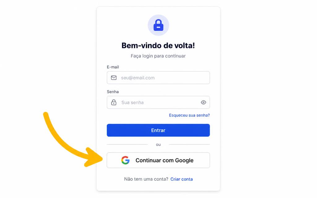 Tela de login com seta dourada apontando para o botão Continuar com Google