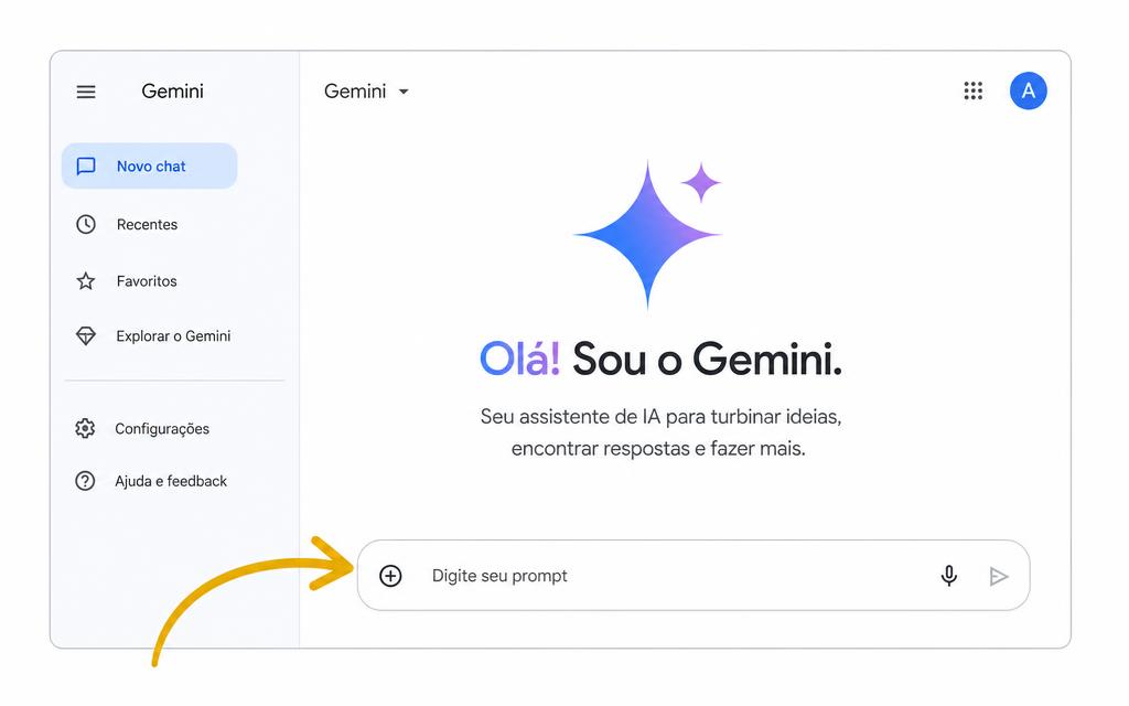Tela do Gemini com seta dourada apontando para a caixa onde se digita o prompt
