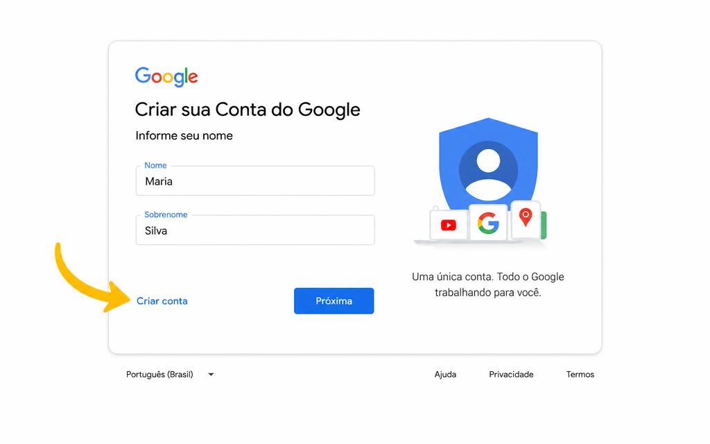Tela de criação de conta do Google com uma seta dourada apontando para o botão Criar conta